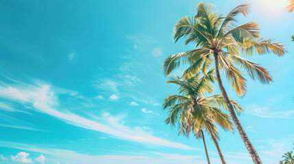 Palm trees and the bright blue sky as the background