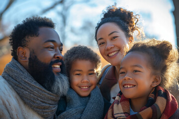 Happy multiethnic family posing to a picture together, outdoors in the park. Smiling multi culture family mother, father and their children. 