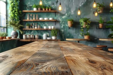 A spacious wooden table awaits company in a well-lit kitchen with plants and modern rustic charm