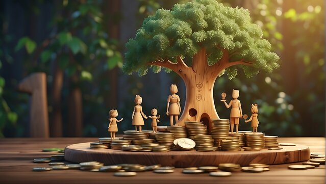 Investment finance concept complete family Figures made of wood
