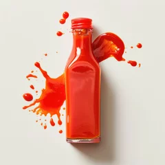 Fototapeten A bottle of hot chilli sauce with spilled the liquid © piai