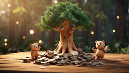 Investment finance concept complete family Figures made of wood - obrazy, fototapety, plakaty