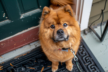 A Chow Chow dog sits on a taut leash, looking into the frame at its owner. The dog is asking to go for a walk. The dog eagerly anticipates a stroll with its owner.