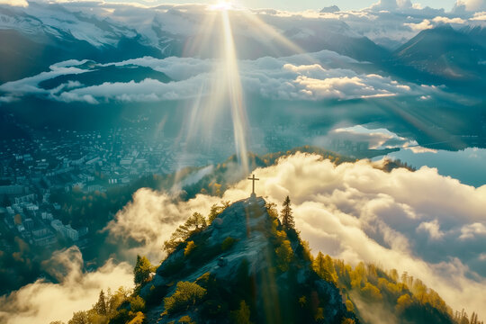 You shall have no other gods before Me. The First Commandment. Atop a majestic mountain, a solitary cross stands enveloped in a divine beam of light.