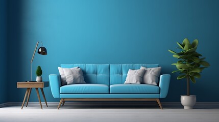 modern living room with blue sofa and wall in the background. 