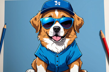 야구모자와 선글라스를 쓴 강아지 - obrazy, fototapety, plakaty
