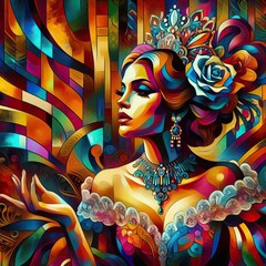 Vivid lively colorful abstract potrait of a 1950's royalty woman in the kingdom throne