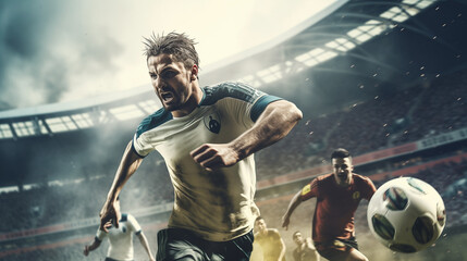 ootball World Championship: Soccer Player Runs to Kick the Ball. Ball on the Grass Field of Arena, Full Stadium of Crowd Cheers. International Tournament. Cinematic Shot Captures Victory. - obrazy, fototapety, plakaty