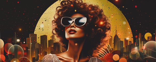 Beautiful vintage woman in a surreal urban landscape, disco, generated by ai