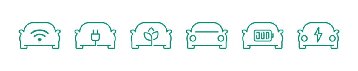 Electric car. Recharger battery station. Electric automobile icon set. Friendly alternative energy. Vector illustration