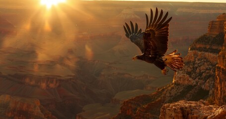 Eagle Soaring Majestically Over Canyon Bathed in Sunset Glow.