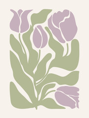 Abstract vector groovy tulips and leaves background. Florals poster in trendy retro aesthetic contemporary style. 
