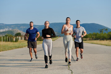 A group of friends maintains a healthy lifestyle by running outdoors on a sunny day, bonding over fitness and enjoying the energizing effects of exercise and nature - 774173198