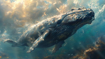 Giant whale diving in the ocean, whale swimming in the sea - obrazy, fototapety, plakaty