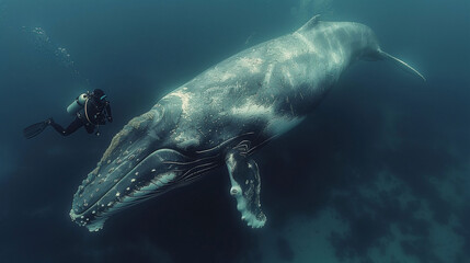 giant whale and diver under the sea with a diver, a scene of a diver swimming with a whale in the ocean.