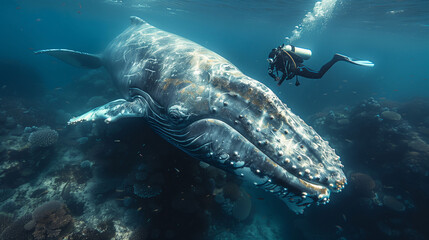 Fototapeta premium giant whale and diver under the sea with a diver, a scene of a diver swimming with a whale in the ocean.