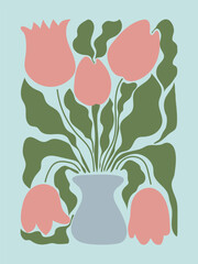 Floral retro poster with tulips, trendy hand drawn flowers aesthetic groovy style. Vector illustration background for prints.