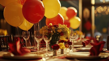 The dining table is decorated with balloons in yellow and red tones.