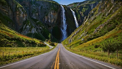 road to mountain waterfall on vacation trip