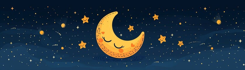 Obraz na płótnie Canvas Smiling moon with stars, cute night icon, simple vector, digital, soft yellow and dark blue hues