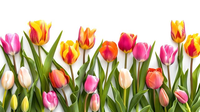 Vibrant Tulips in Bloom against White Background, Perfect for Spring Themes. A Fresh, Colorful Floral Display for Various Designs. AI