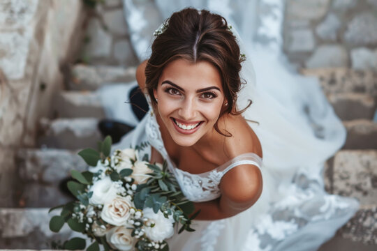 Hermosa novia con vestido blanco con encaje y pedreria, llevando un ramo de flores en tonos claros, mirando hacia arriba en unas escaleras antiguas de subida a la iglesia
