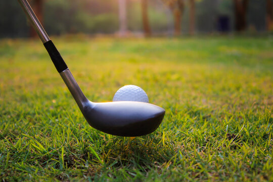 Pictures of the atmosphere of playing golf, including golf balls, golf clubs, and grass surfaces.
