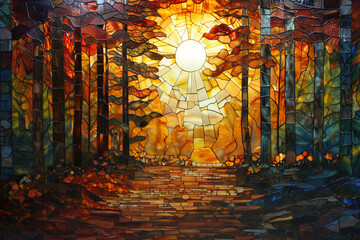 Stained glass forest at sunrise.