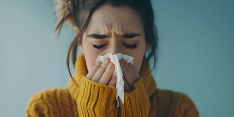 Woman with runny nose sneezes into tissue battling allergies or cold symptoms during challenging seasons. Concept Sneezing Woman, Allergy Symptoms, Cold Season, Tissue Use, Challenging Symptoms
