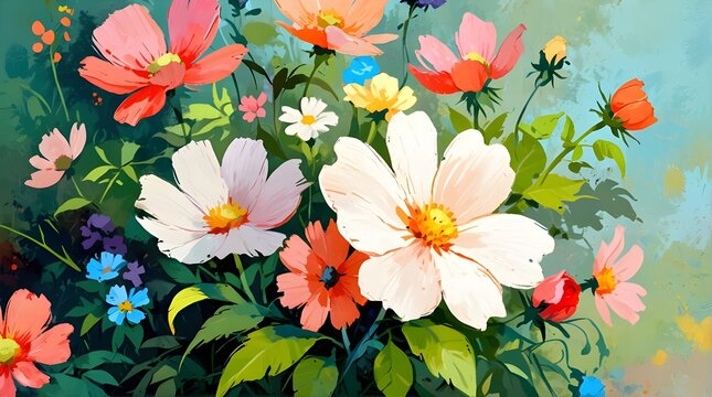 Beautiful, vibrant flowers created with oil paints. vivid summertime background