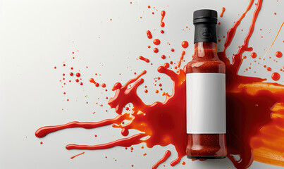 A bottle of hot chilli sauce with spilled the liquid - 774175327