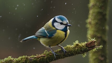 A close-up of blue tit berds sitting on a branch covered in moss - obrazy, fototapety, plakaty