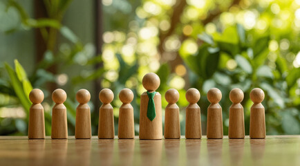Career opportunity and hiring concept with wooden figures on table representing best candidates for job. Staff recruitment and headhunting. Searching for a new team member in corporate business