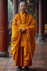
Imagen de un monje chino de 60 años de pie con gracia en un famoso templo. Su rostro y rasgos faciales son ligeramente regordetes, y emana un aura amable. Está adornado con un hanfu amarillo y rojo, 