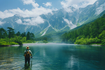 Man Fishing in a Lake Surrounded by High Mountains.