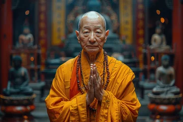 Foto op Plexiglas  Imagen de un monje chino de 60 años de pie con gracia en un famoso templo. Su rostro y rasgos faciales son ligeramente regordetes, y emana un aura amable. Está adornado con un hanfu amarillo y rojo,  © Julio