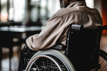 Generative ai photo of disabled man sitting in wheelchair on hospital rehabilitation - obrazy, fototapety, plakaty