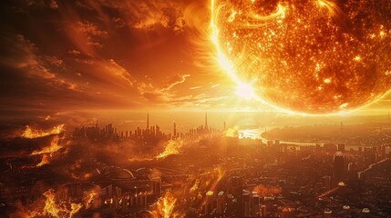 Solar Celestial Inferno Over the Metropolis flares illuminate sun Earths, sunset in the forest