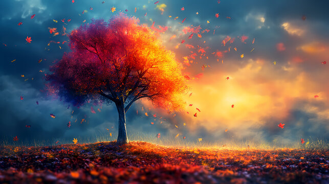 Autumn landscape with lonely tree and falling leaves, 3d render