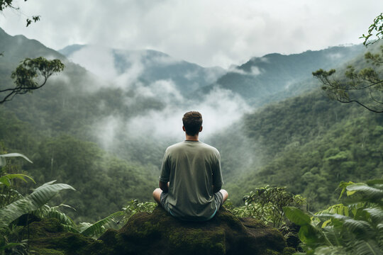Generated with AI back view photo of man sitting alone on the mountain top and looking beautiful view