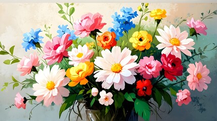 Beautiful, vibrant flowers created with oil paints. vivid summertime background