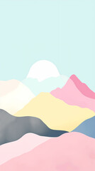 Landscape with mountains and sun in pastel colors. Vector illustration.