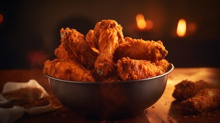 grilled wings in a bowl. dark background. closeup. 