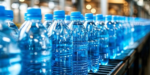 Preparing blue water and juice bottling factory for filling recycled PET plastic bottles, Generative AI  - Powered by Adobe