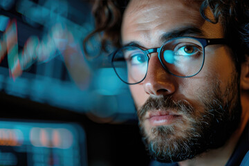 Retrato de un joven y apuesto corredor de bolsa trabajando en una computadora, investigando datos de acciones en tiempo real, analizando productos básicos y gráficos del mercado de valores. Agente de  - obrazy, fototapety, plakaty