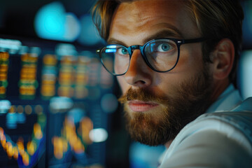Retrato de un joven y apuesto corredor de bolsa trabajando en una computadora, investigando datos de acciones en tiempo real, analizando productos básicos y gráficos del mercado de valores. Agente de 