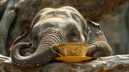 A teacup balanced on the nose of a sleeping elephant - obrazy, fototapety, plakaty