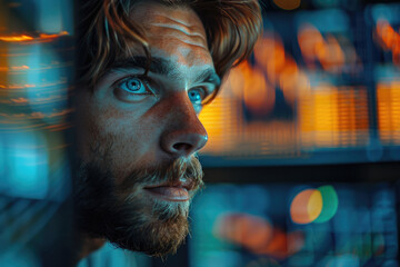 Retrato de un joven y apuesto corredor de bolsa trabajando en una computadora, investigando datos de acciones en tiempo real, analizando productos básicos y gráficos del mercado de valores. Agente de  - obrazy, fototapety, plakaty