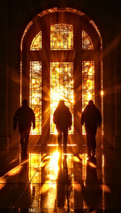 Silhouetted figures walk through a grand hallway bathed in the warm golden light of sunset, with detailed stained glass casting vibrant reflections