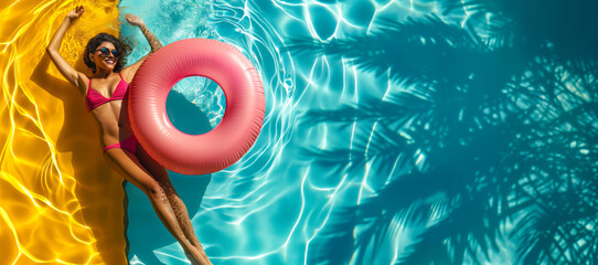 A woman basks in the sunlight while lounging on a pink swim ring in a pool. Summer resort concept
